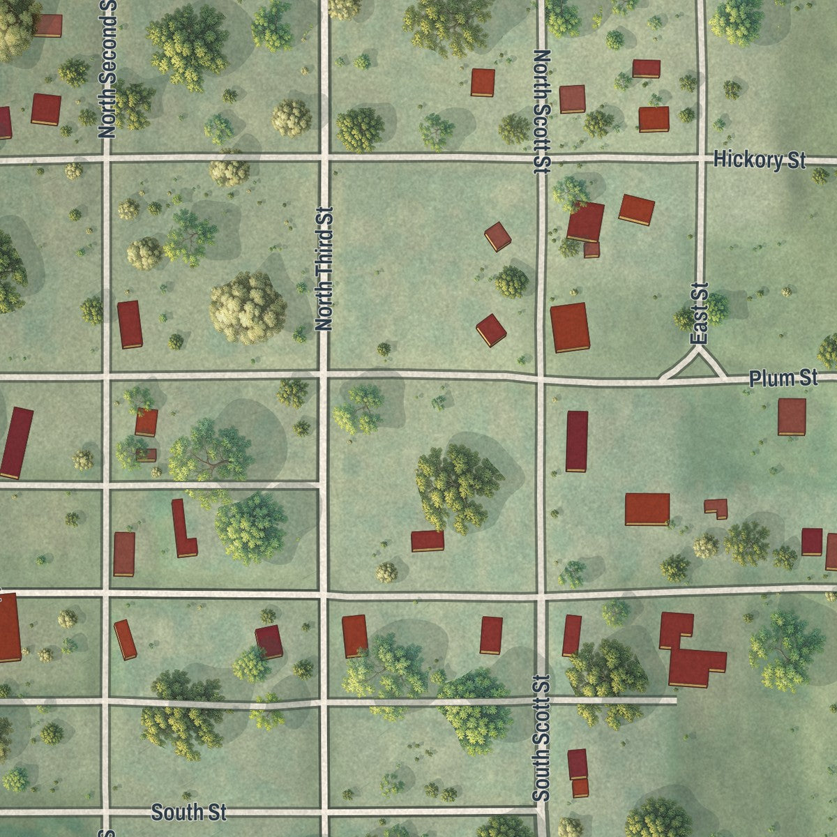 Close-up of the map of Elmo, Missouri print showing street and building detail