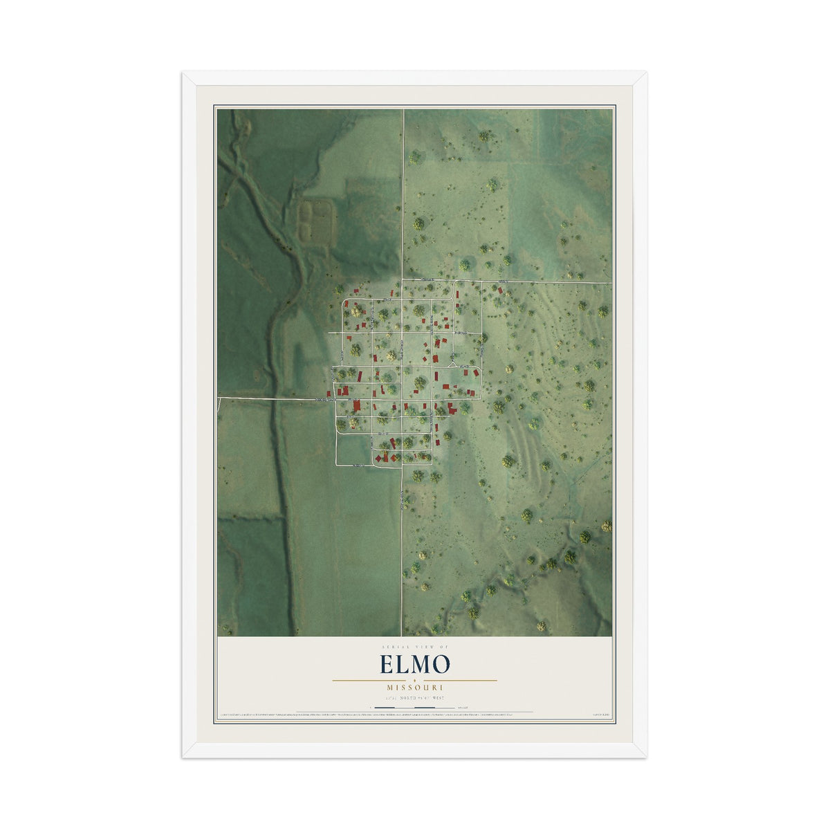 Map of Elmo, Missouri, 12 x 18 inch print in a white wood frame