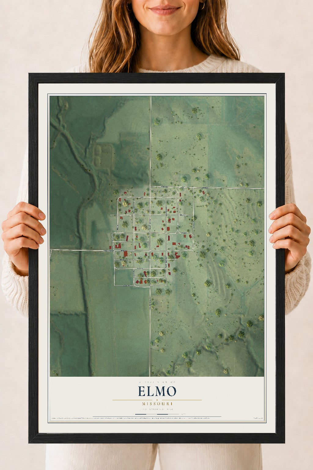 Map of Elmo, Missouri, 18 x 24 inch print in a black wood frame