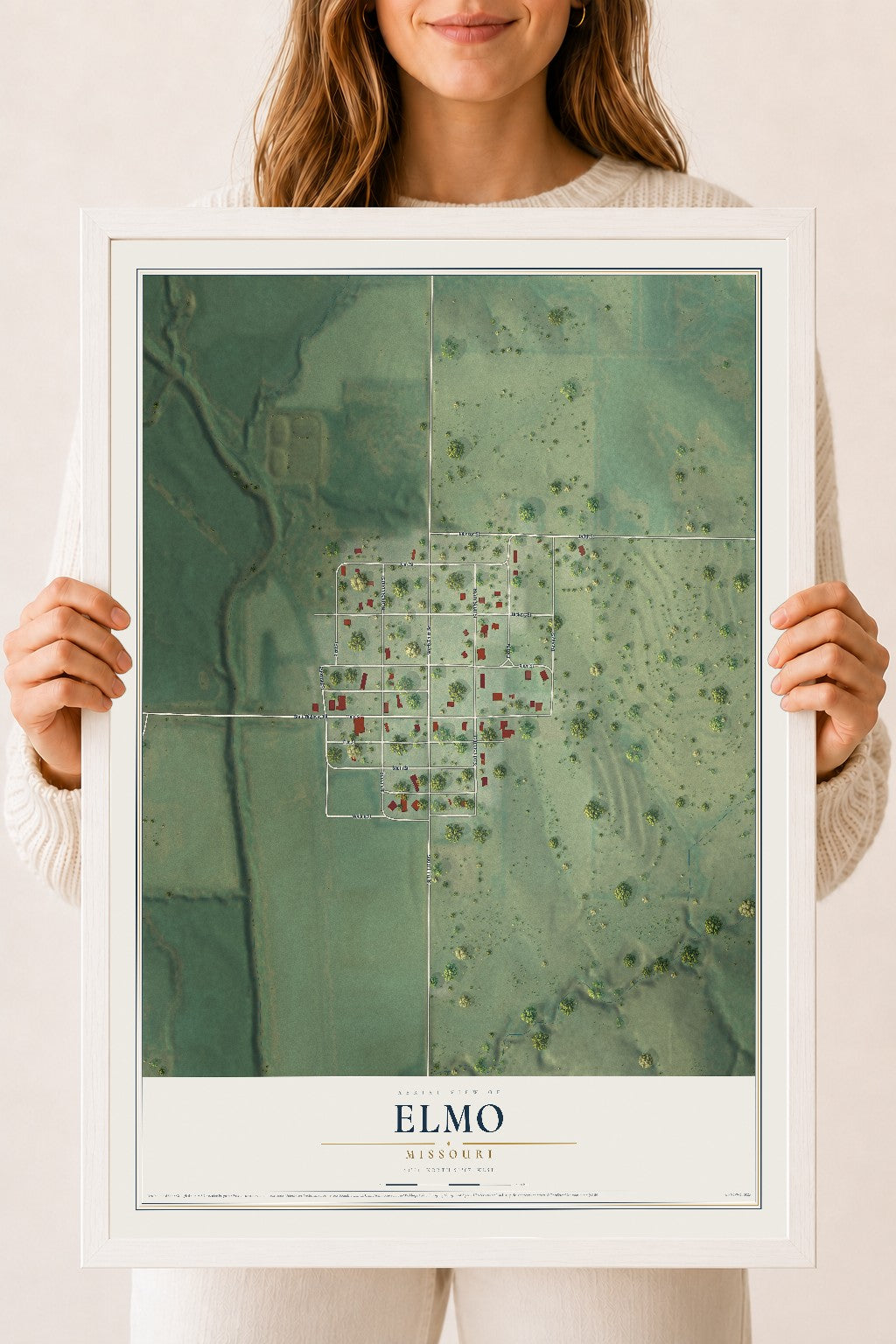 Map of Elmo, Missouri, 18 x 24 inch print in a white wood frame