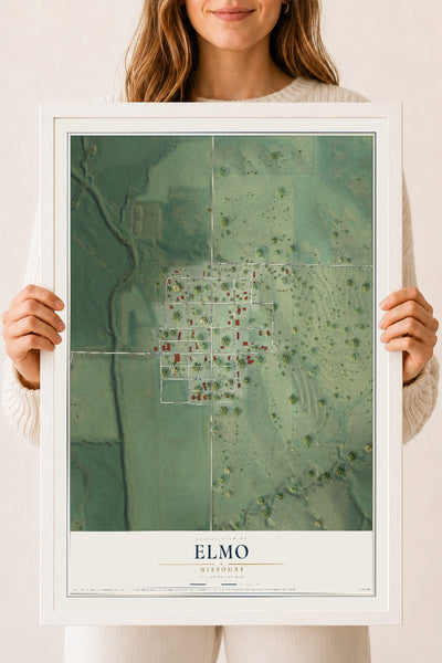 Map of Elmo, Missouri, 18 x 24 inch print in a white wood frame