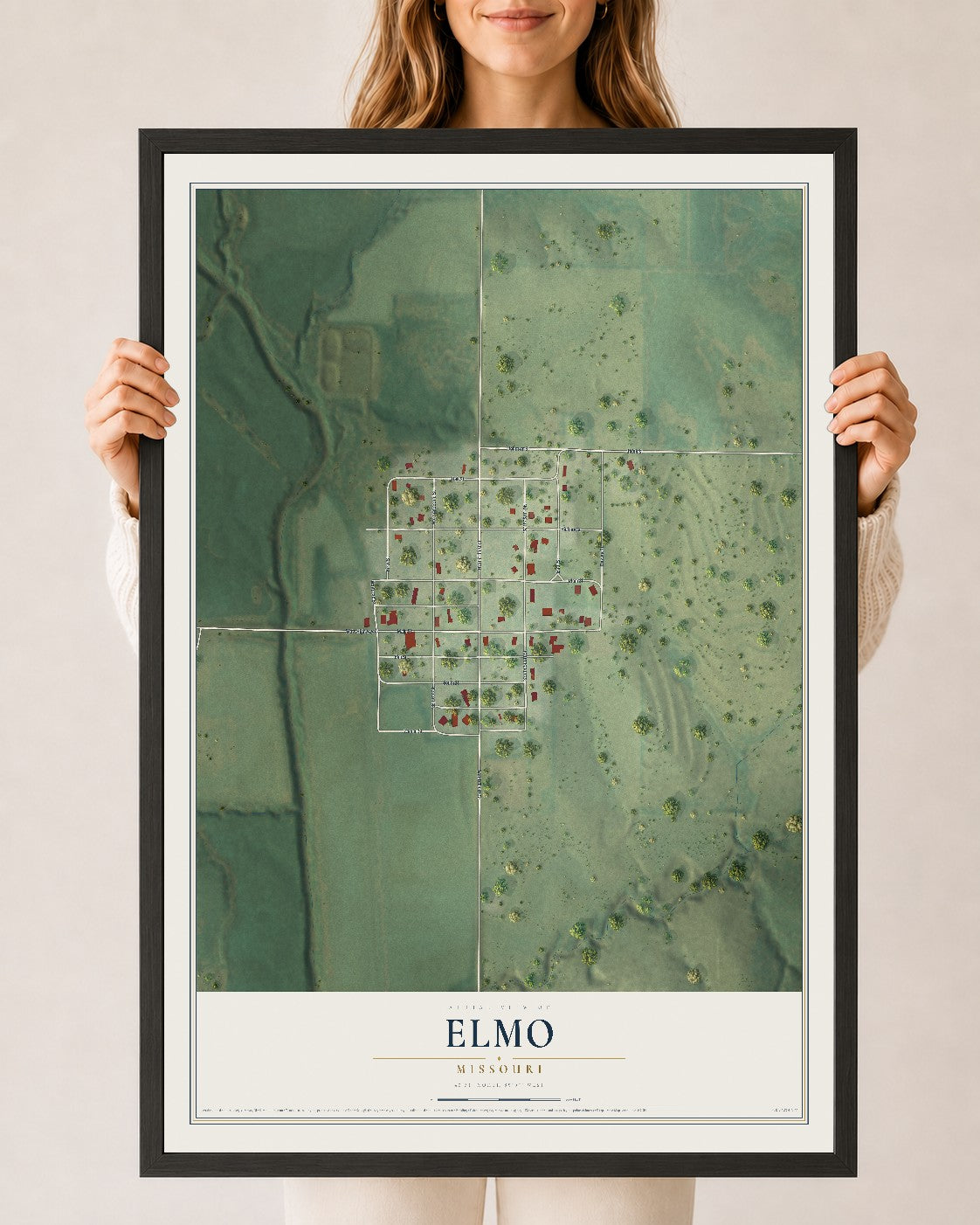 Map of Elmo, Missouri, 24 x 36 inch print in a black wood frame