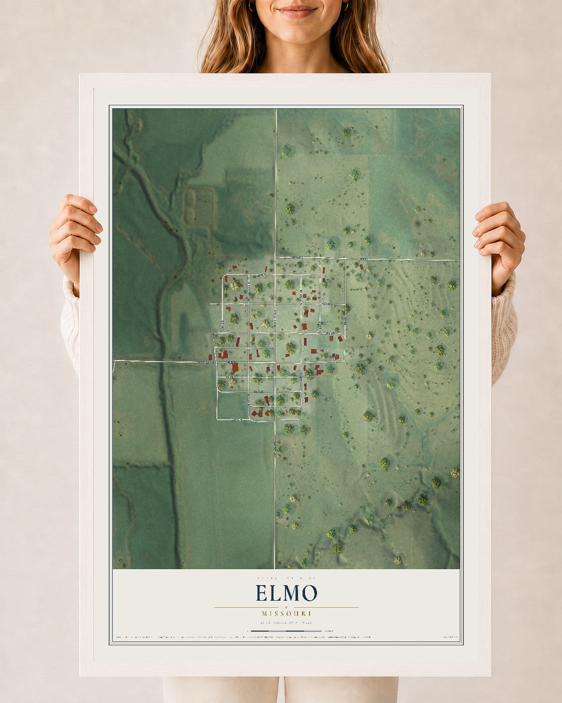 Map of Elmo, Missouri, 24 x 36 inch print in a white wood frame