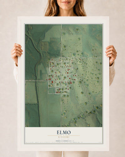 Map of Elmo, Missouri, 24 x 36 inch print in a white wood frame