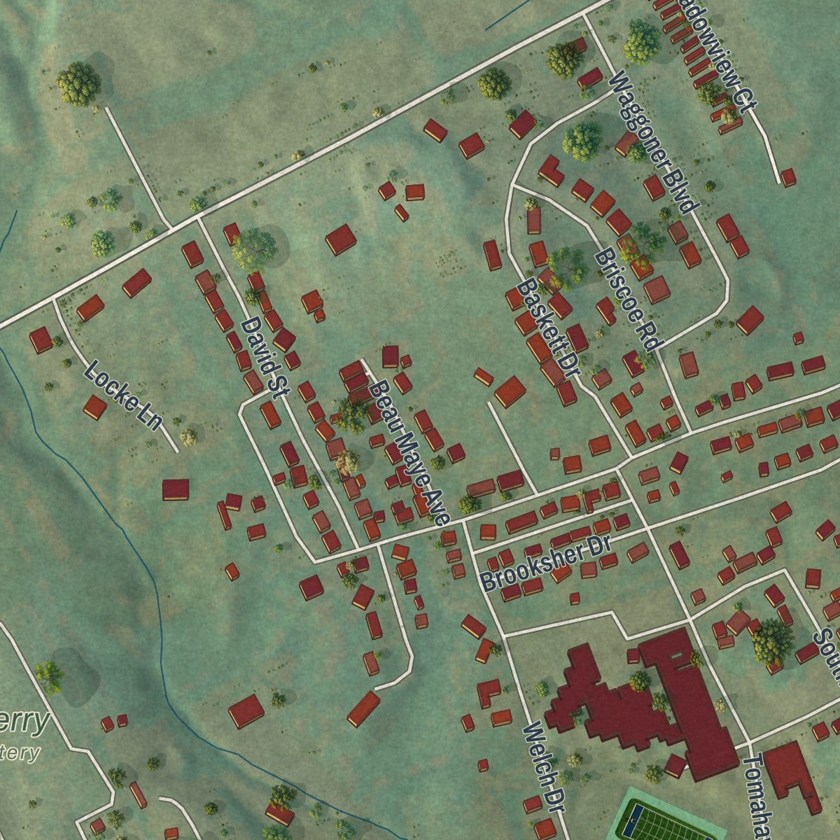 Second close-up of the map of Elsberry, Missouri print showing more streets and buildings