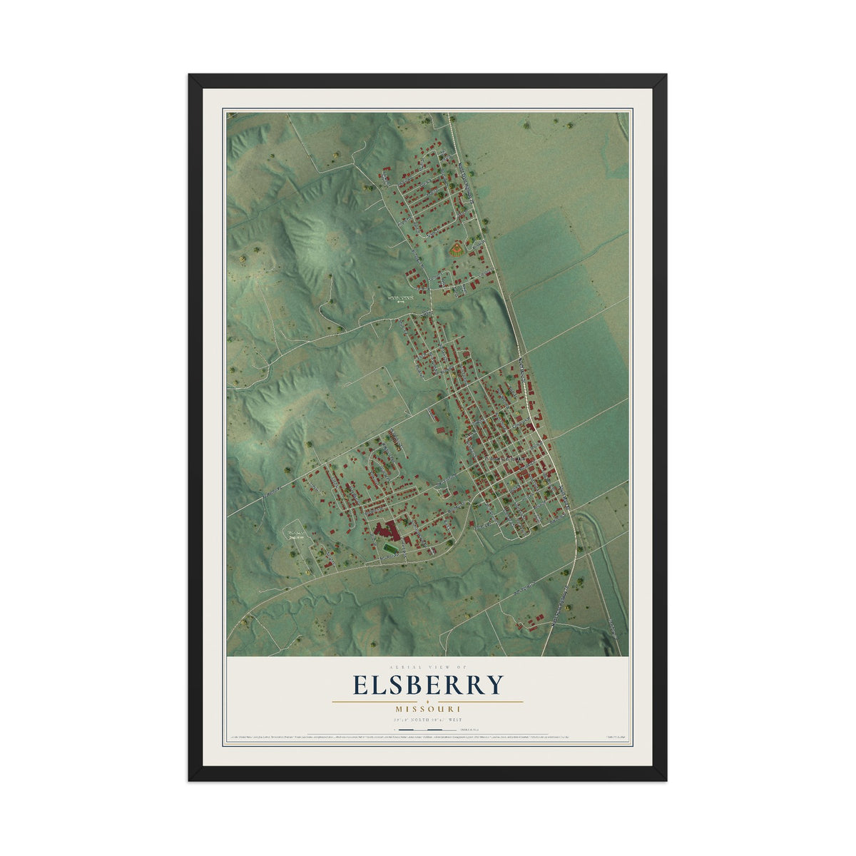 Map of Elsberry, Missouri, 12 x 18 inch print in a black wood frame