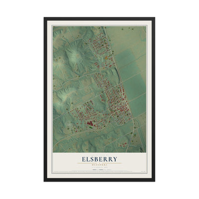 Map of Elsberry, Missouri, 12 x 18 inch print in a black wood frame