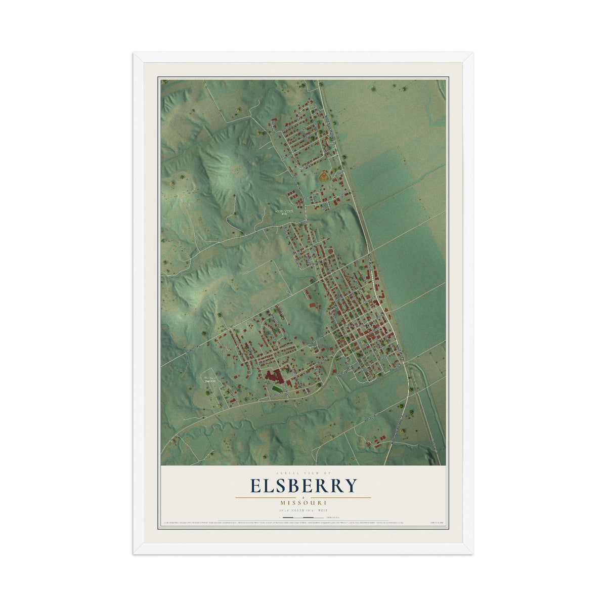 Map of Elsberry, Missouri, 12 x 18 inch print in a white wood frame