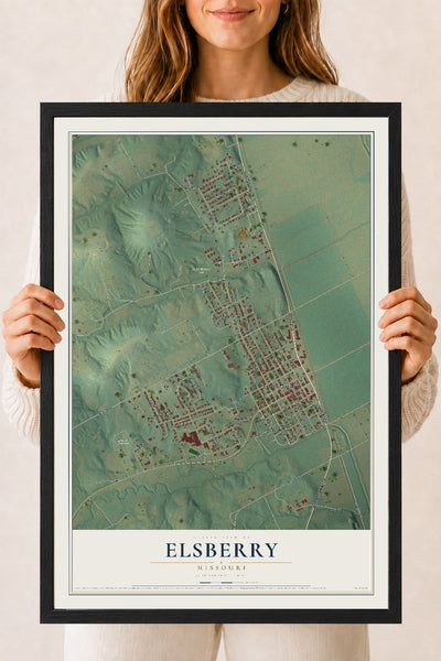 Map of Elsberry, Missouri, 18 x 24 inch print in a black wood frame