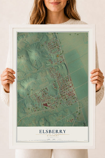 Map of Elsberry, Missouri, 18 x 24 inch print in a white wood frame