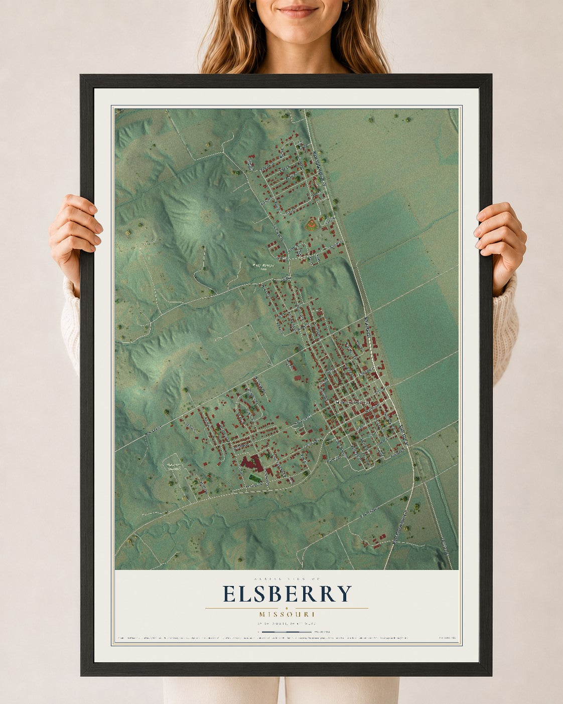 Map of Elsberry, Missouri, 24 x 36 inch print in a black wood frame