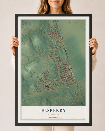 Map of Elsberry, Missouri, 24 x 36 inch print in a black wood frame