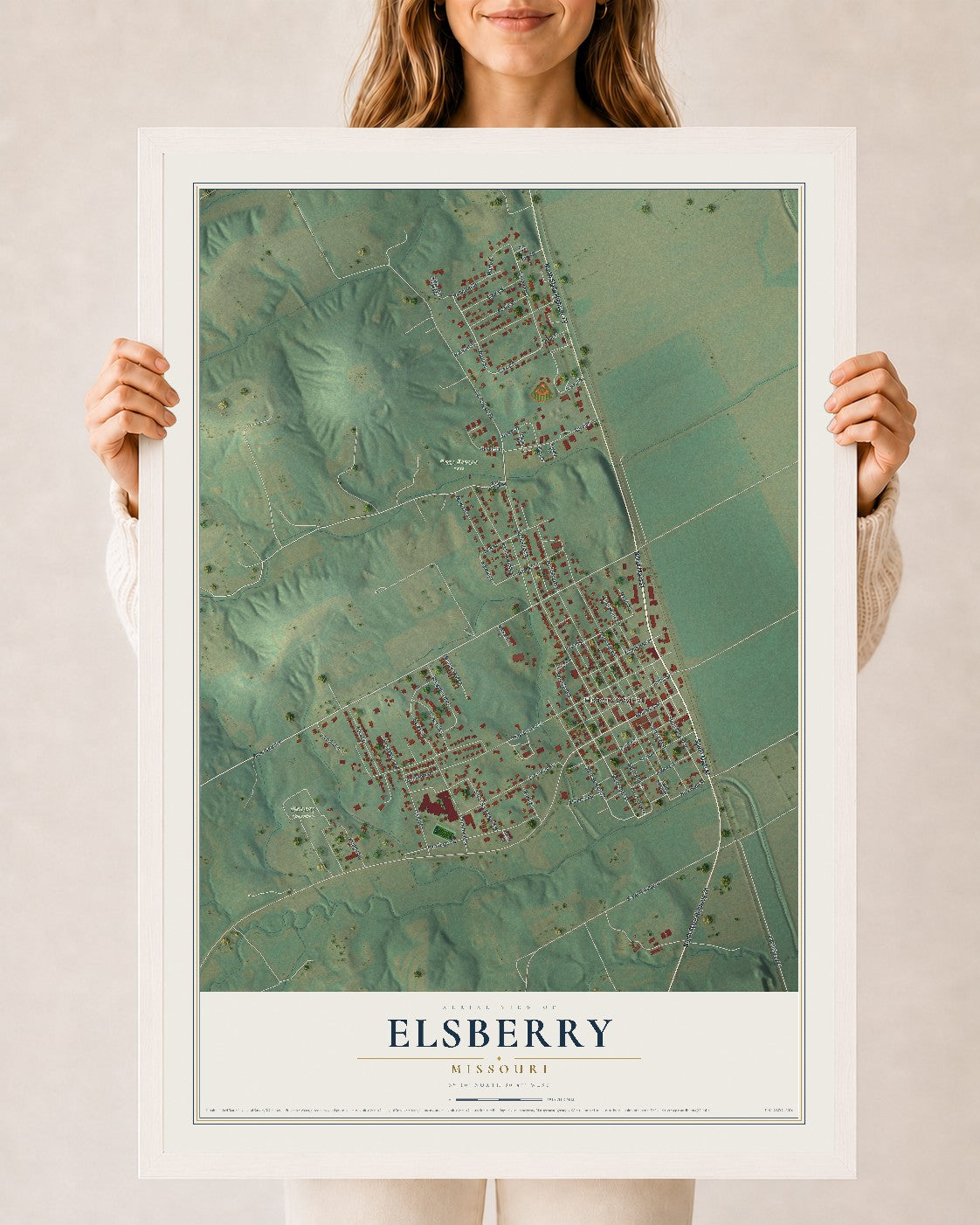 Map of Elsberry, Missouri, 24 x 36 inch print in a white wood frame