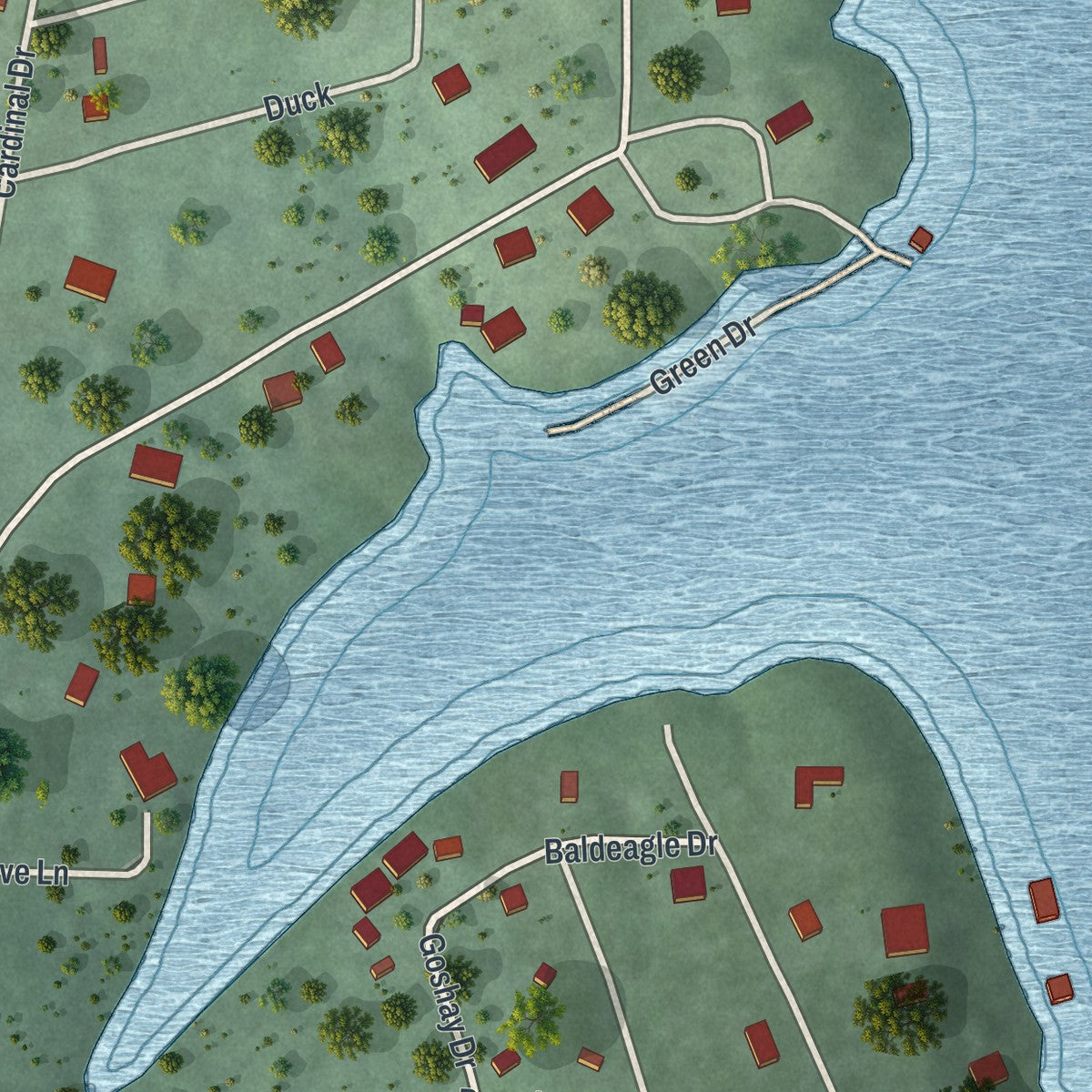 Close-up of the map of Emerald Beach, Missouri print showing street and building detail