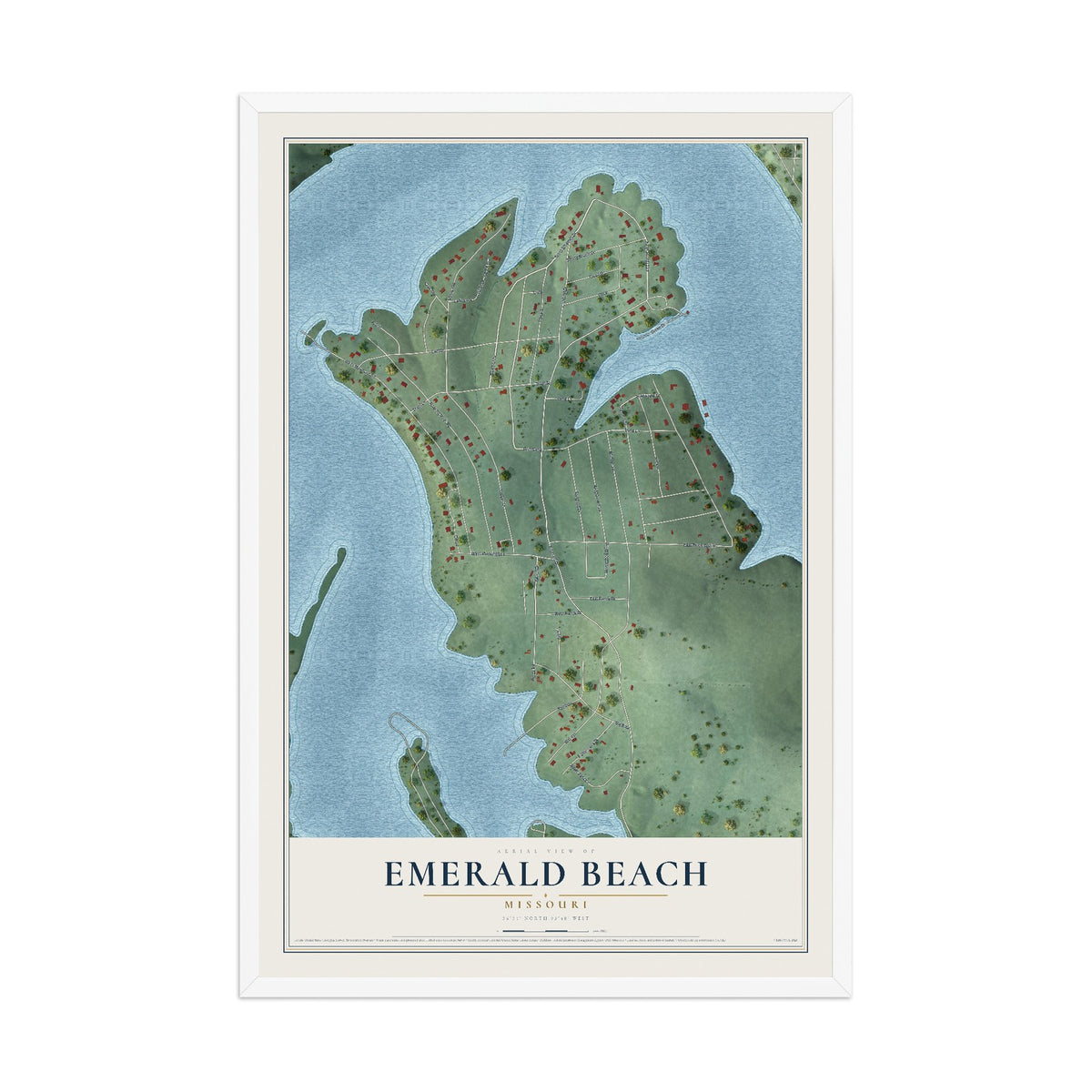 Map of Emerald Beach, Missouri, 12 x 18 inch print in a white wood frame