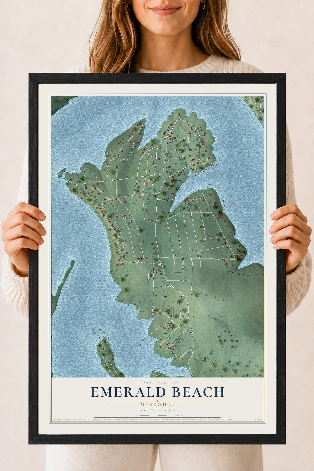 Map of Emerald Beach, Missouri, 18 x 24 inch print in a black wood frame