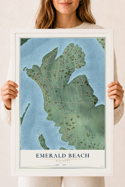 Map of Emerald Beach, Missouri, 18 x 24 inch print in a white wood frame