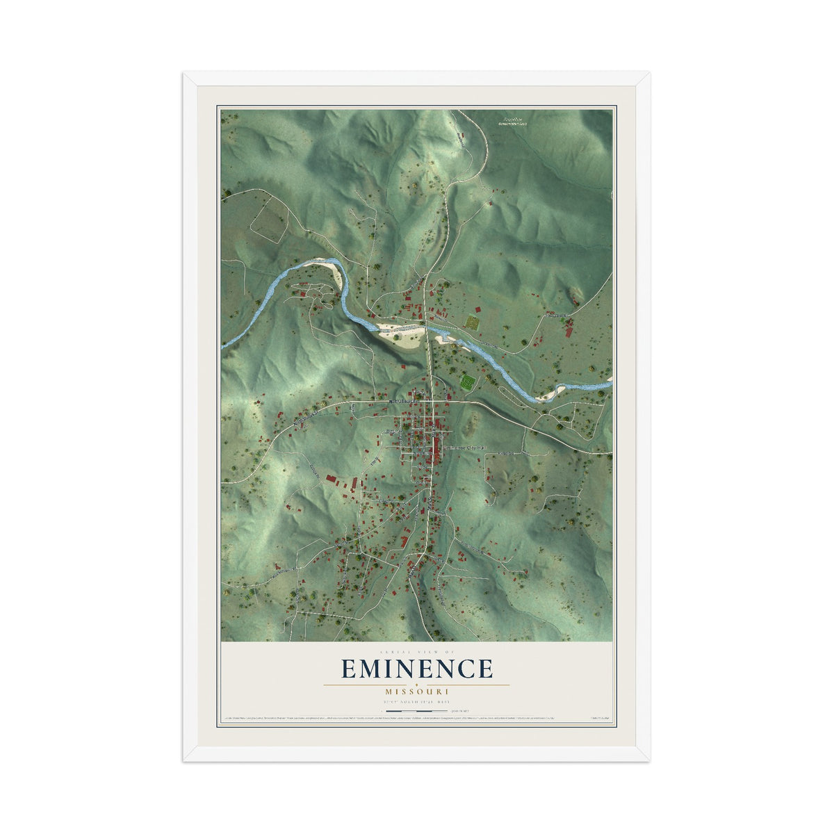 Map of Eminence, Missouri, 12 x 18 inch print in a white wood frame