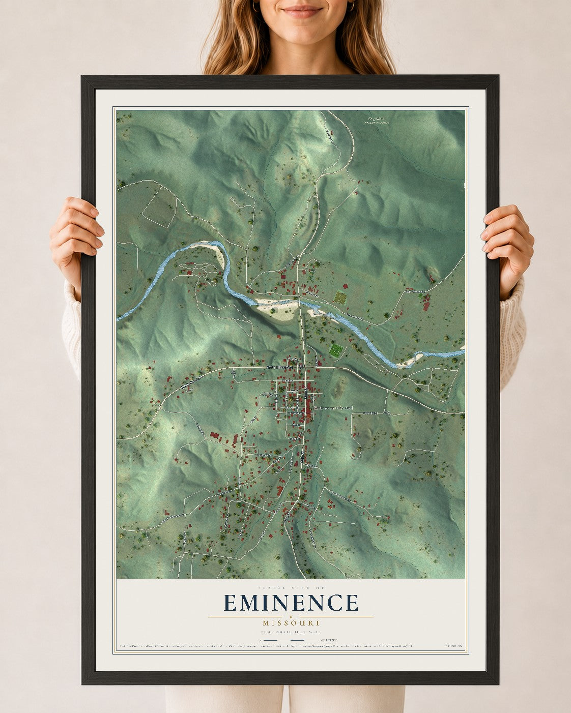Map of Eminence, Missouri, 24 x 36 inch print in a black wood frame
