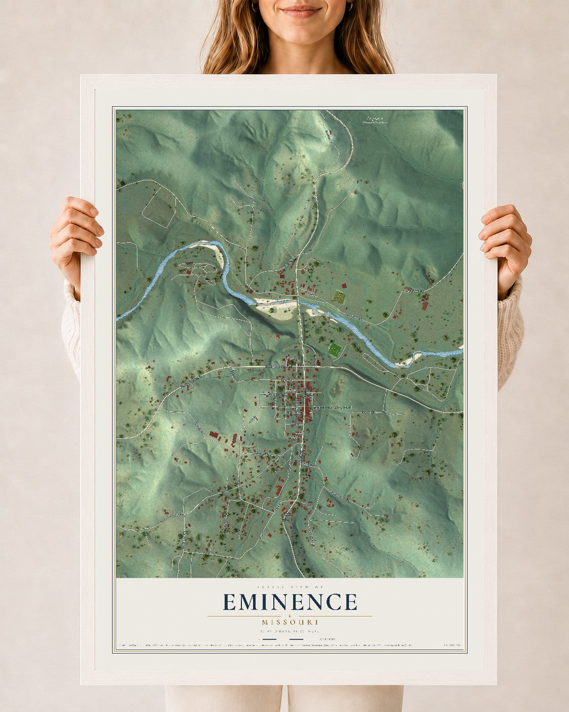 Map of Eminence, Missouri, 24 x 36 inch print in a white wood frame