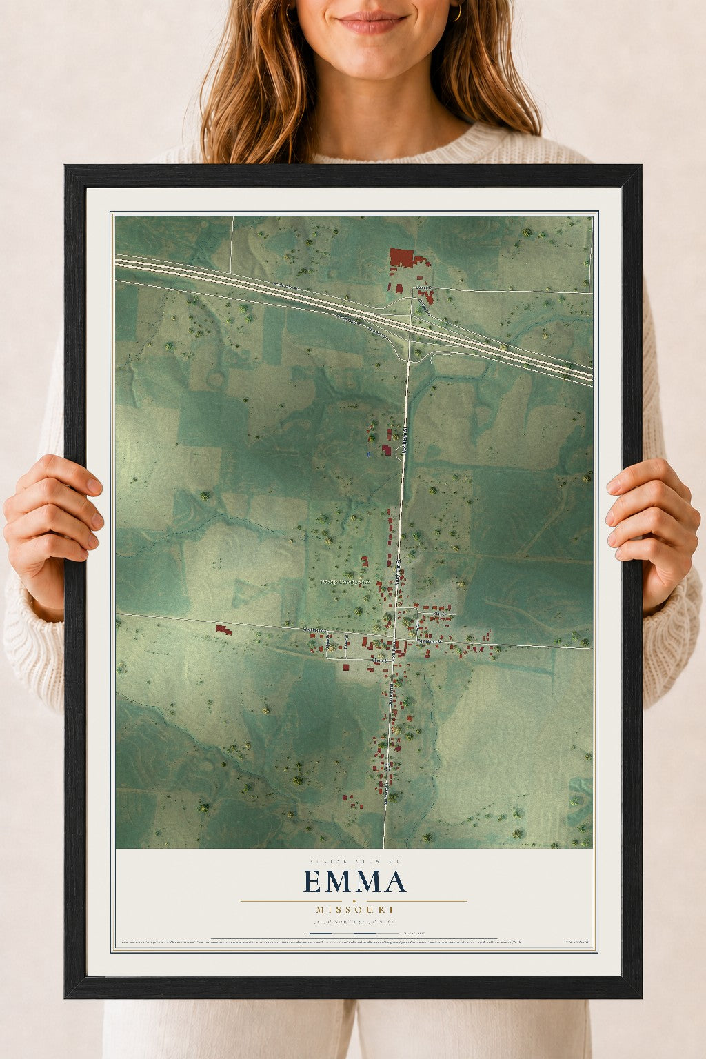 Map of Emma, Missouri, 18 x 24 inch print in a black wood frame