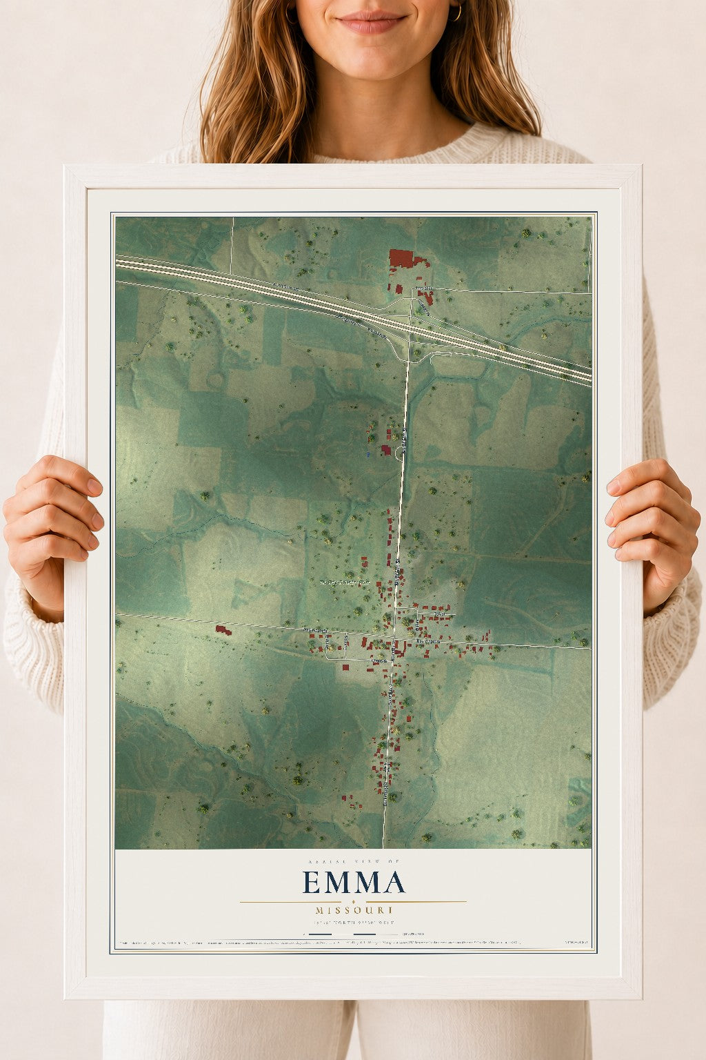 Map of Emma, Missouri, 18 x 24 inch print in a white wood frame