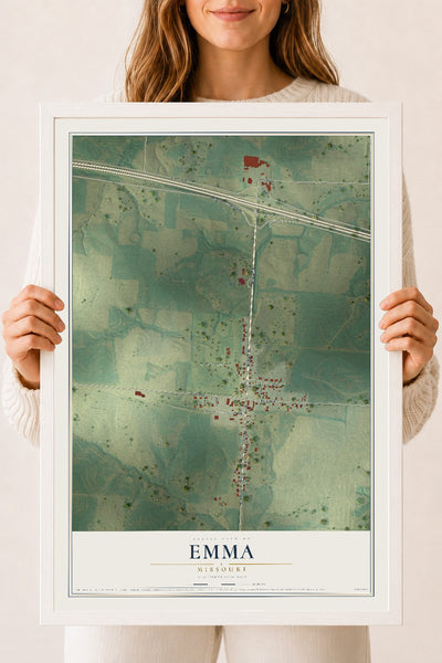 Map of Emma, Missouri, 18 x 24 inch print in a white wood frame