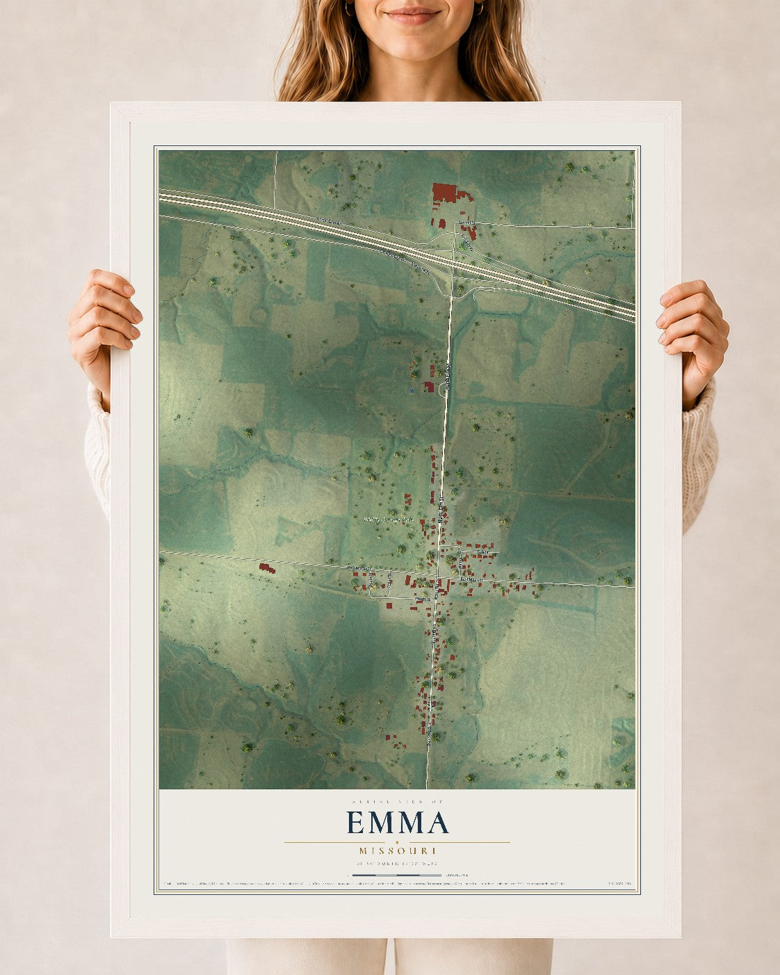 Map of Emma, Missouri, 24 x 36 inch print in a white wood frame