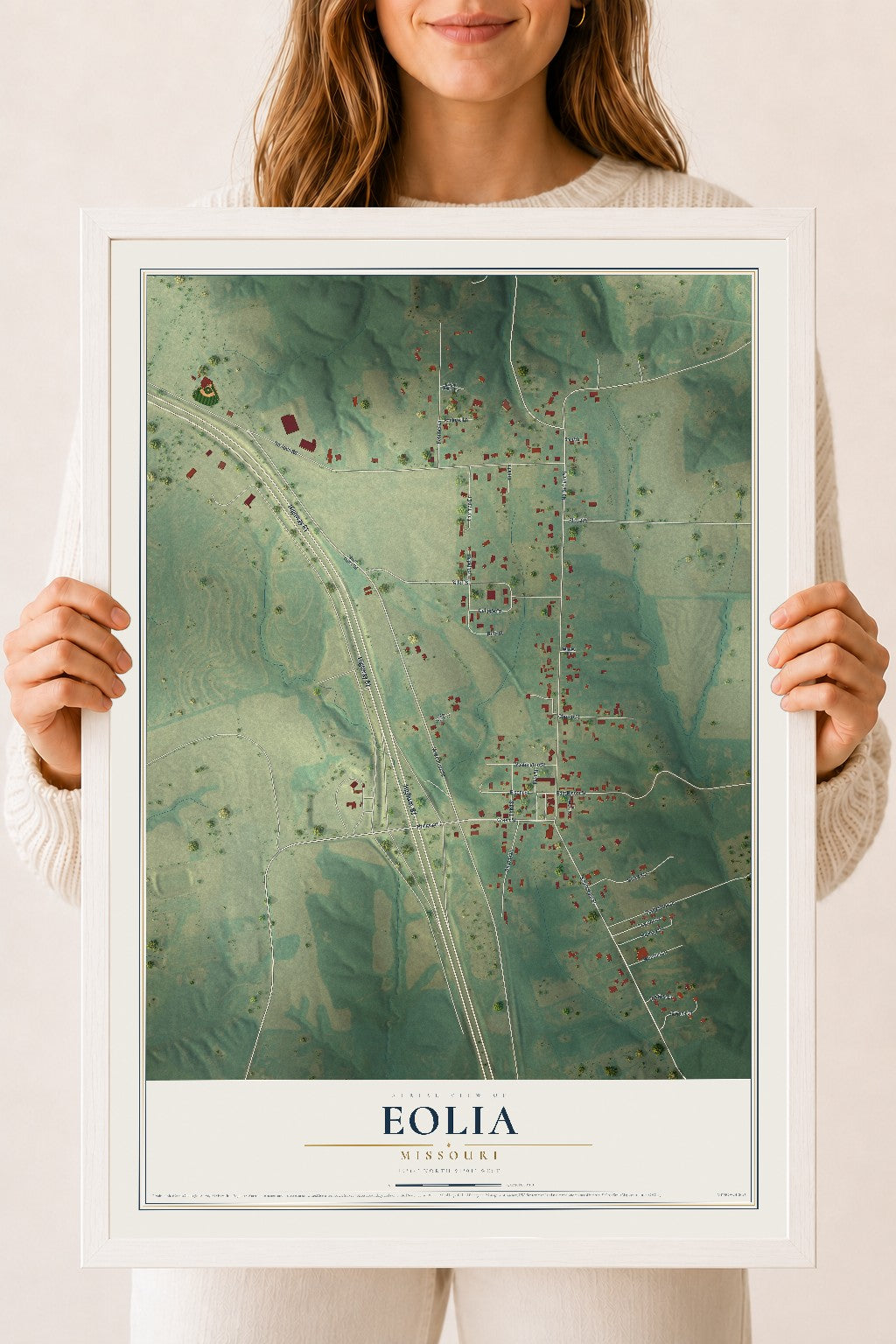 Map of Eolia, Missouri, 18 x 24 inch print in a white wood frame