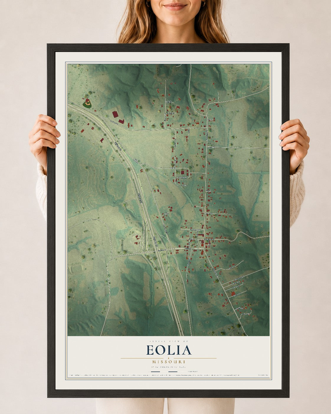Map of Eolia, Missouri, 24 x 36 inch print in a black wood frame