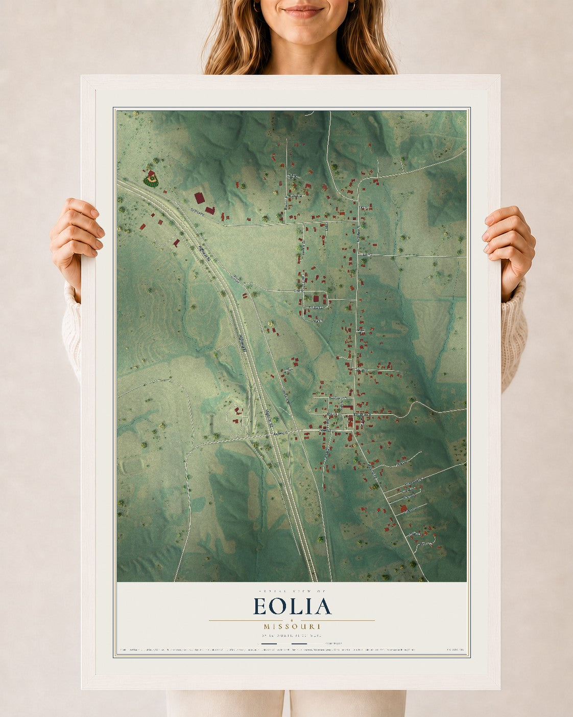 Map of Eolia, Missouri, 24 x 36 inch print in a white wood frame