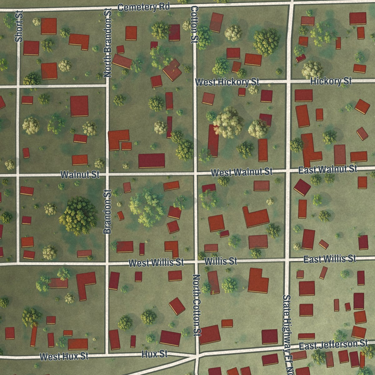 Close-up of the map of Essex, Missouri print showing street and building detail