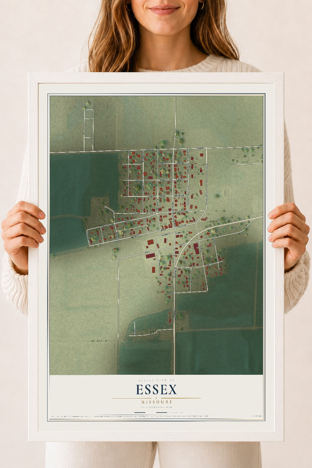 Map of Essex, Missouri, 18 x 24 inch print in a white wood frame