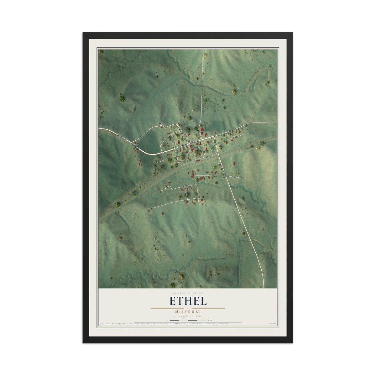 Map of Ethel, Missouri, 12 x 18 inch print in a black wood frame
