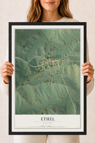 Map of Ethel, Missouri, 18 x 24 inch print in a black wood frame