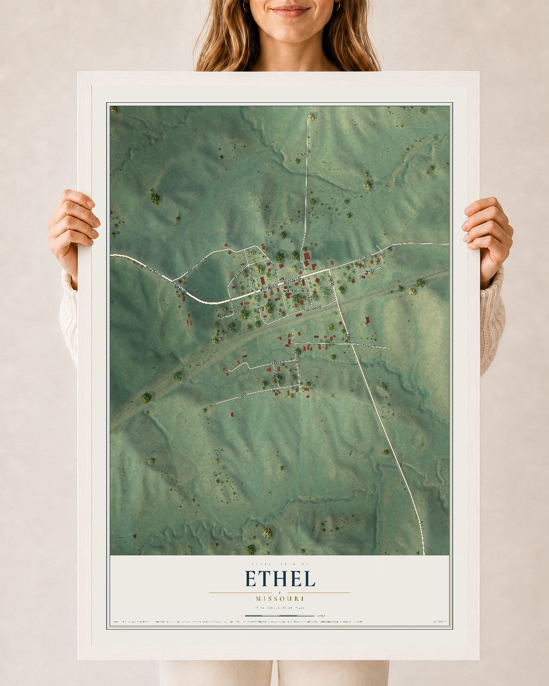 Map of Ethel, Missouri, 24 x 36 inch print in a white wood frame
