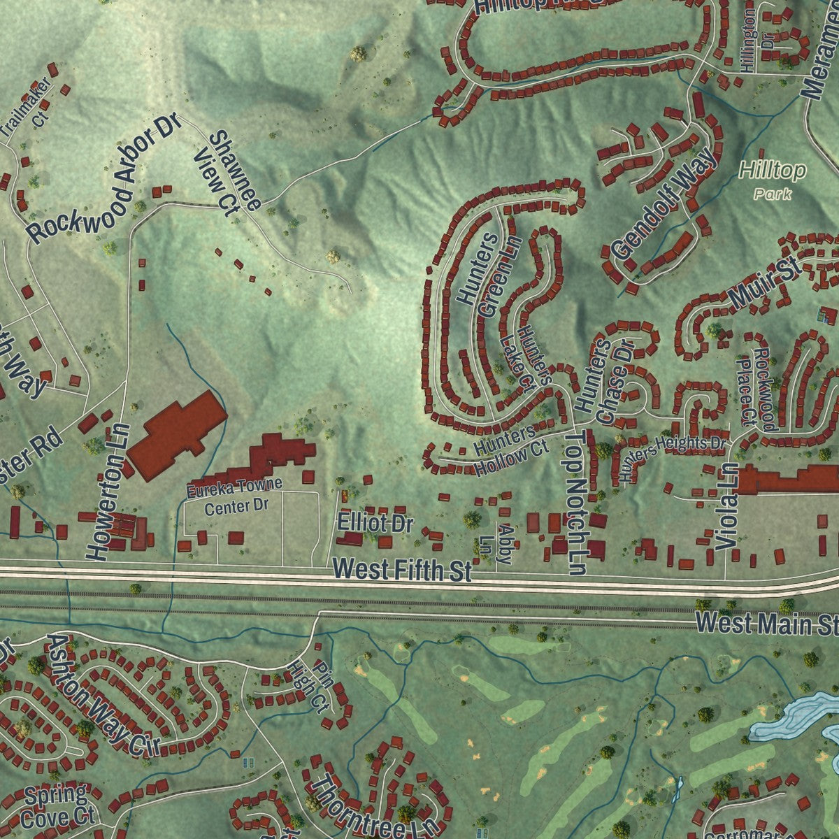 Close-up of the map of Eureka, Missouri print showing street and building detail