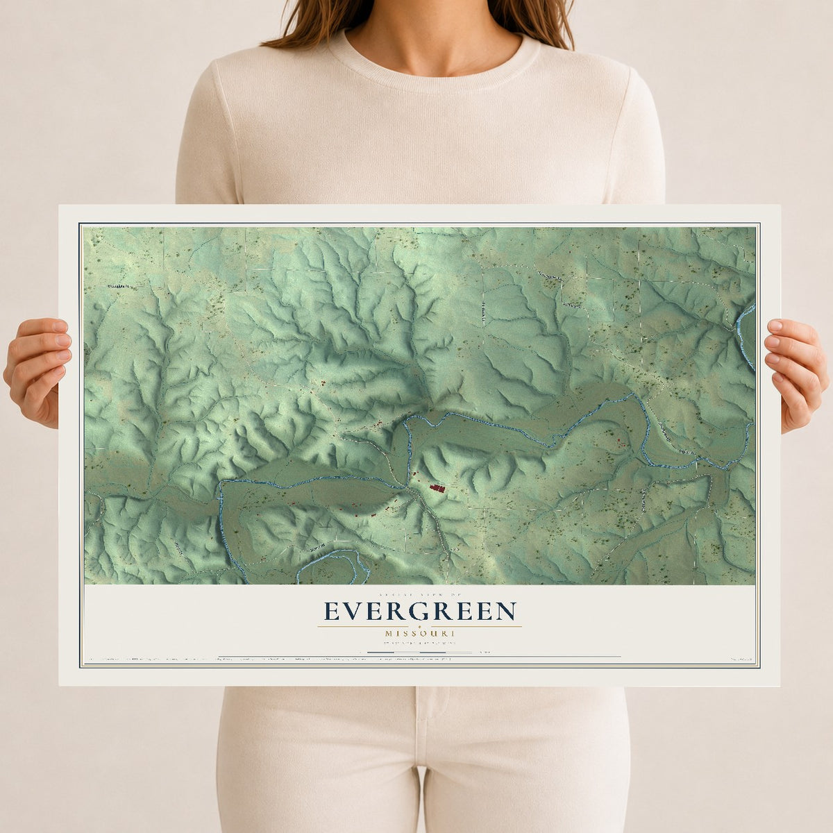 Map of Evergreen, Missouri, 12 x 18 inch unframed archival matte print