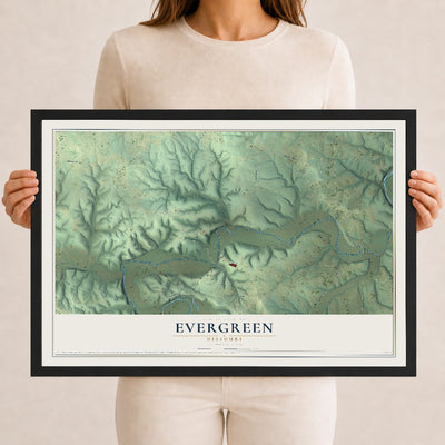 Map of Evergreen, Missouri, 12 x 18 inch print in a black wood frame
