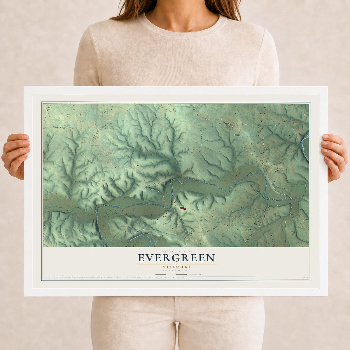 Map of Evergreen, Missouri, 12 x 18 inch print in a white wood frame