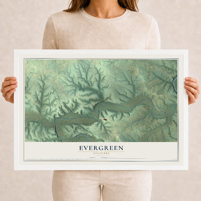 Map of Evergreen, Missouri, 12 x 18 inch print in a white wood frame