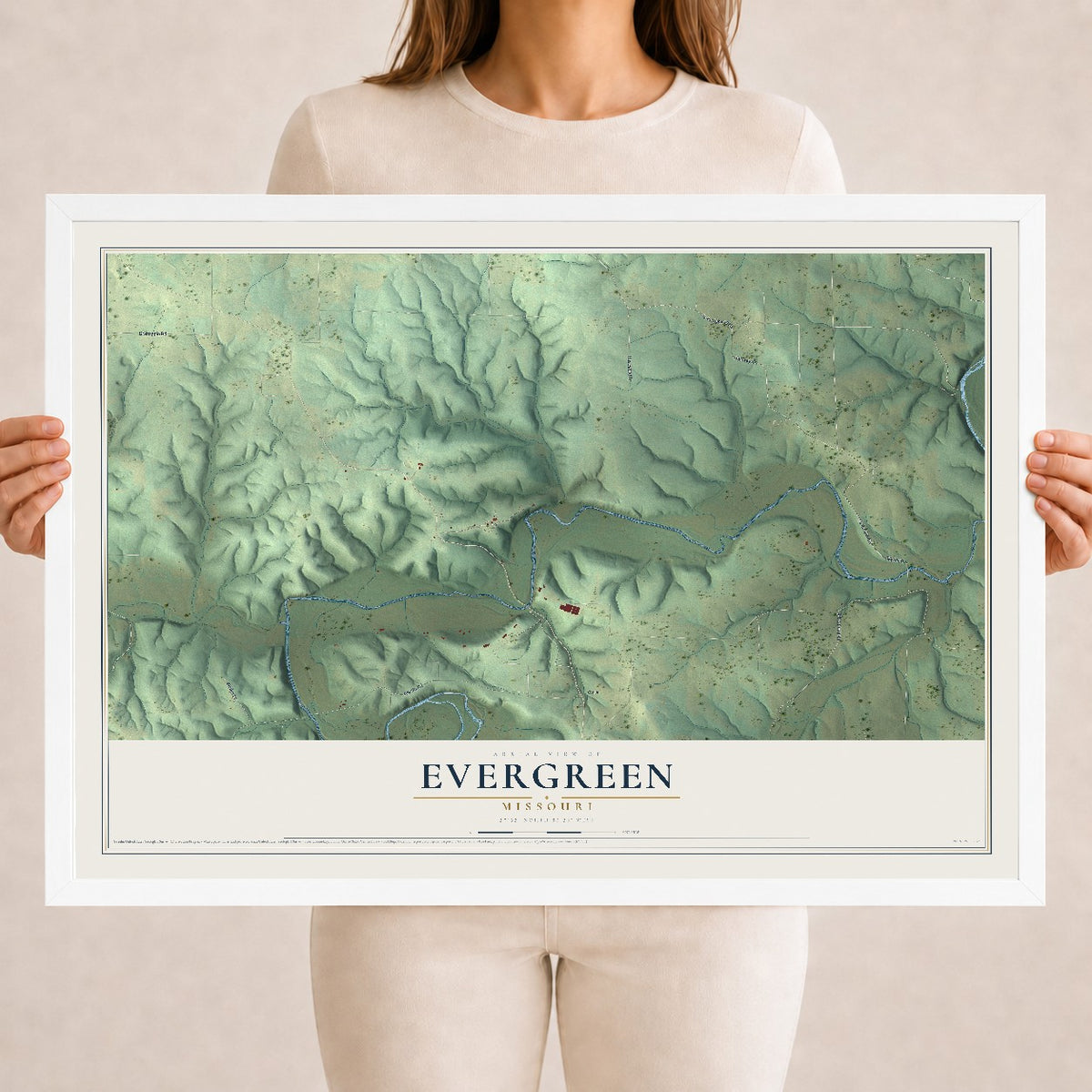 Map of Evergreen, Missouri, 18 x 24 inch print in a white wood frame