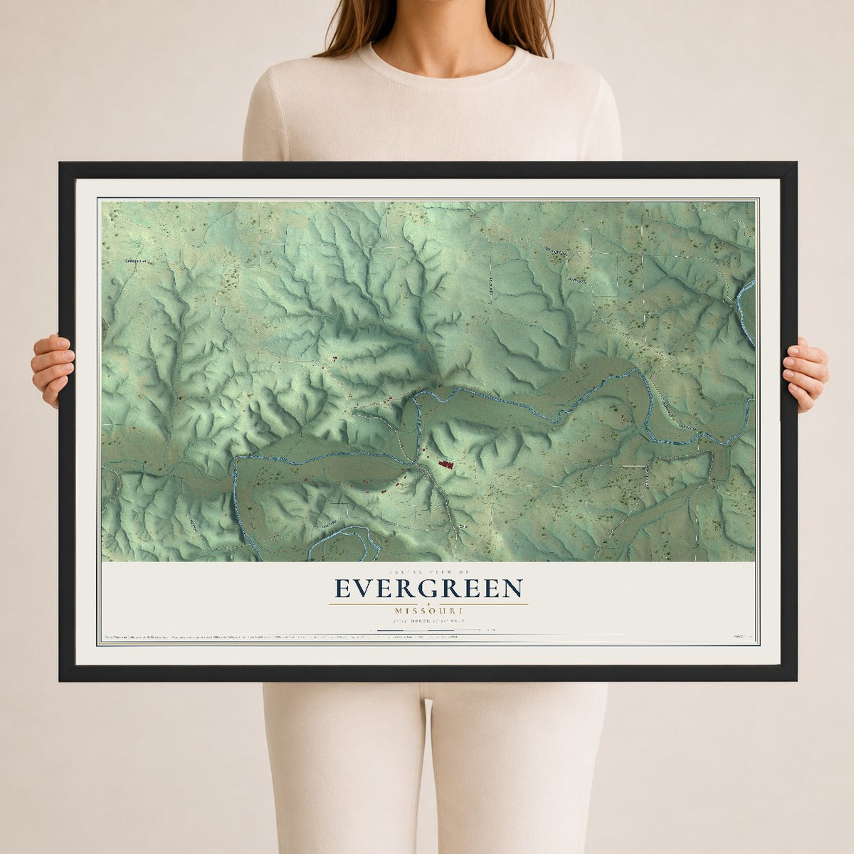 Map of Evergreen, Missouri, 24 x 36 inch print in a black wood frame