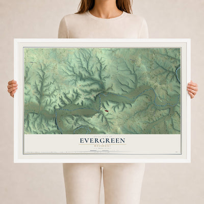 Map of Evergreen, Missouri, 24 x 36 inch print in a white wood frame