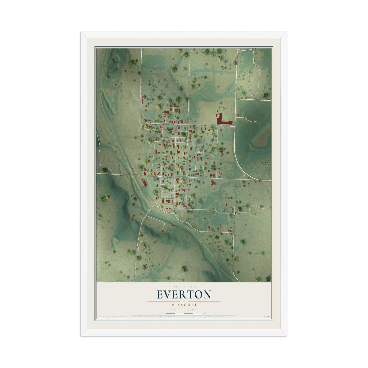 Map of Everton, Missouri, 12 x 18 inch print in a white wood frame