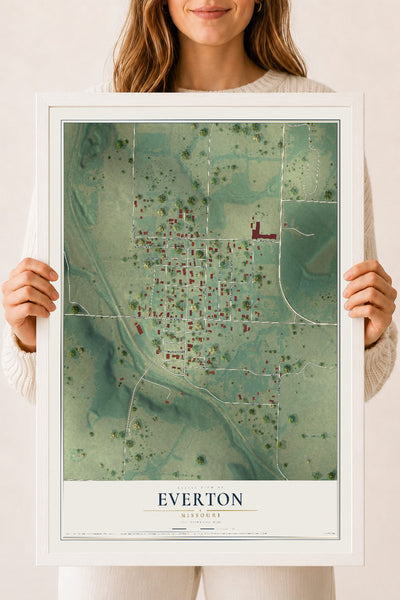 Map of Everton, Missouri, 18 x 24 inch print in a white wood frame