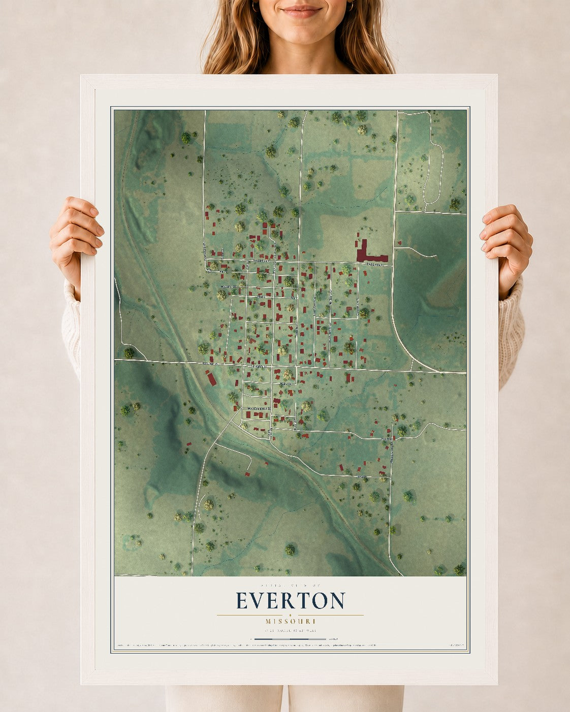 Map of Everton, Missouri, 24 x 36 inch print in a white wood frame