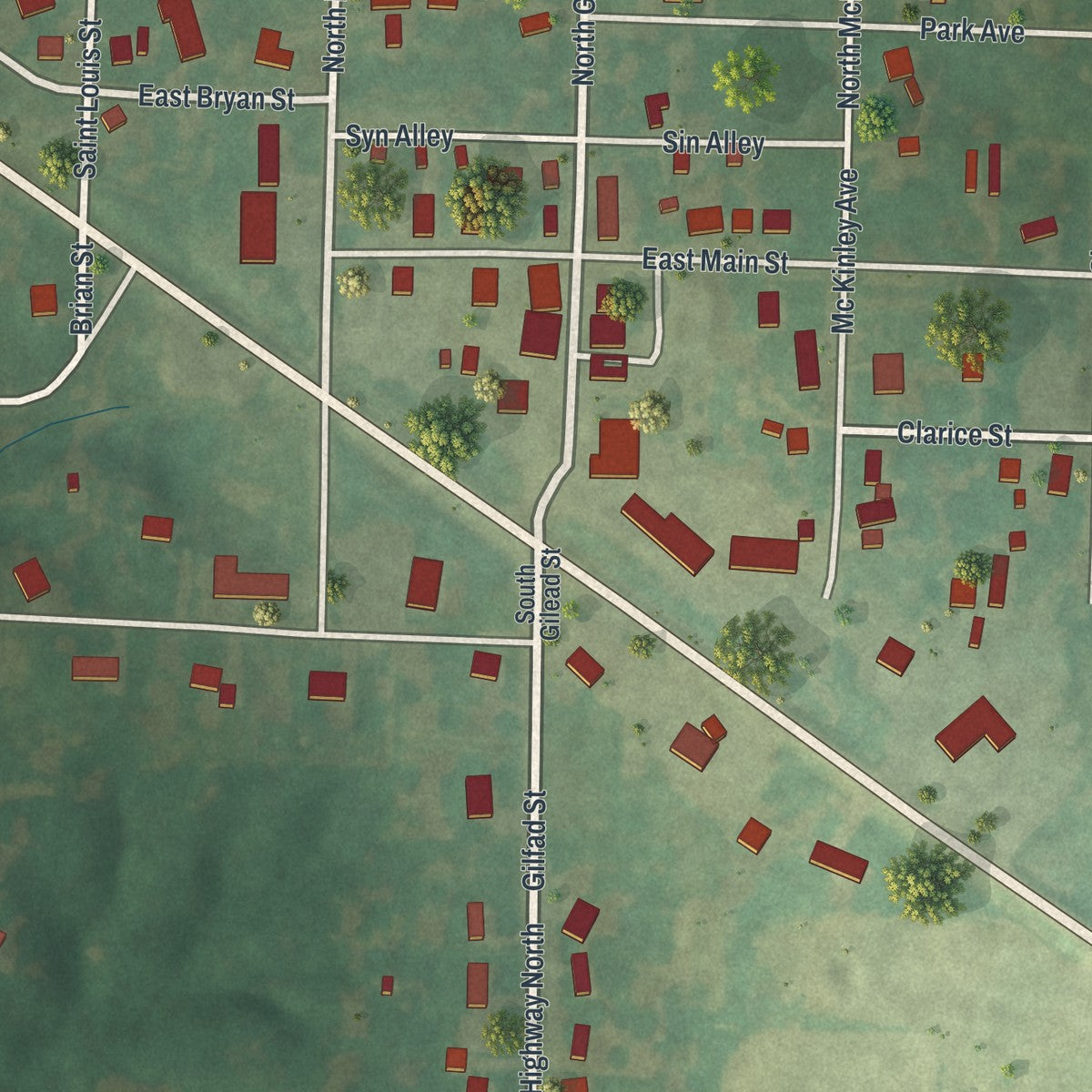 Close-up of the map of Ewing, Missouri print showing street and building detail