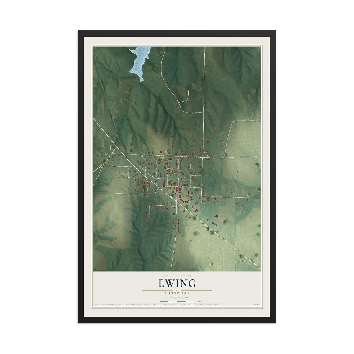 Map of Ewing, Missouri, 12 x 18 inch print in a black wood frame