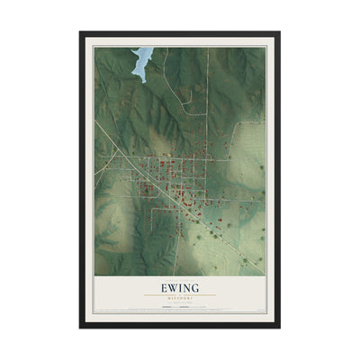 Map of Ewing, Missouri, 12 x 18 inch print in a black wood frame